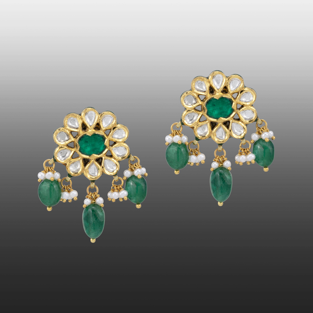 Green Talaf Floral Studs with Polkis, Emerald and Pearls